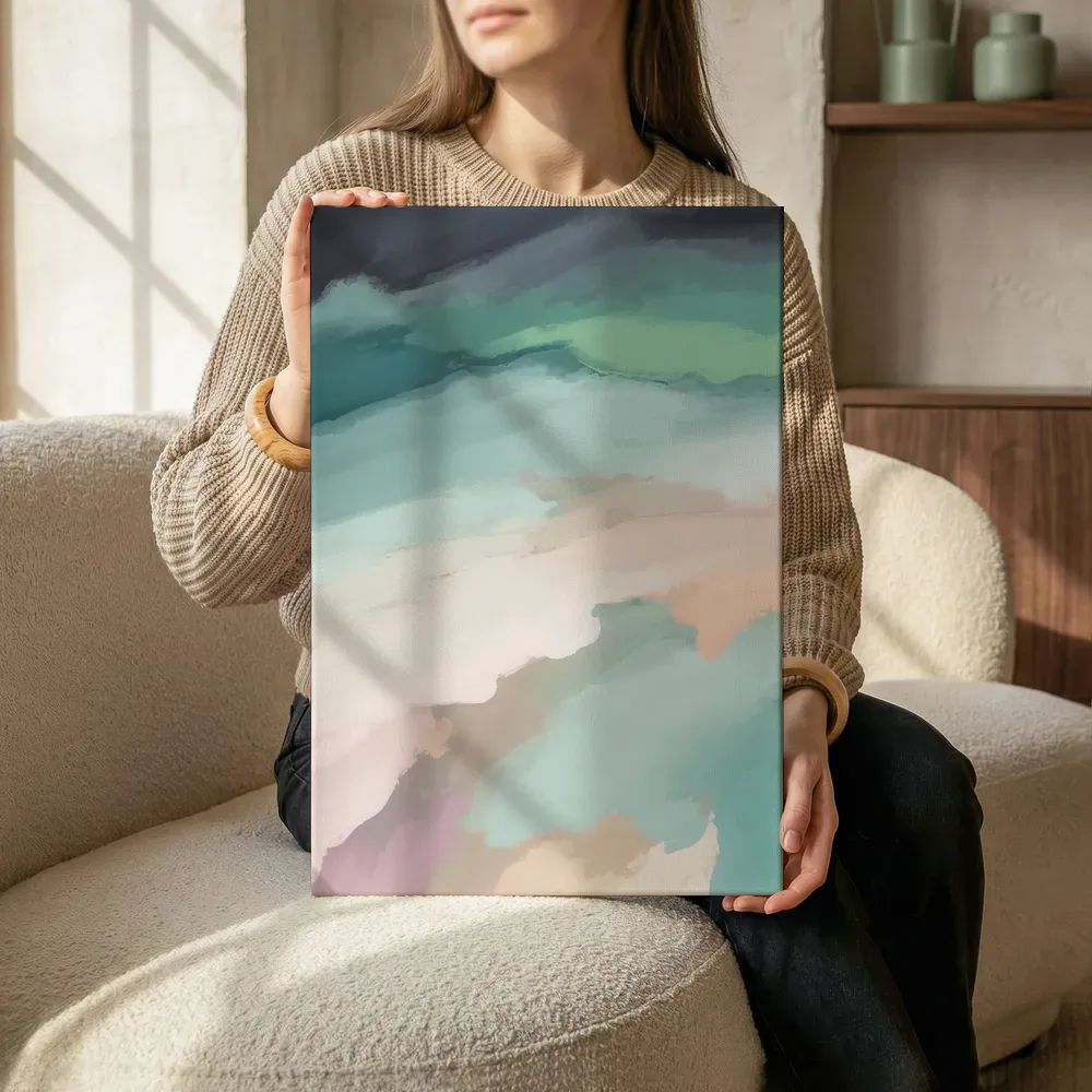 Sfeerimpressie: Pastel wolkendek in mint en perzik terwijl het zittend wordt getoond