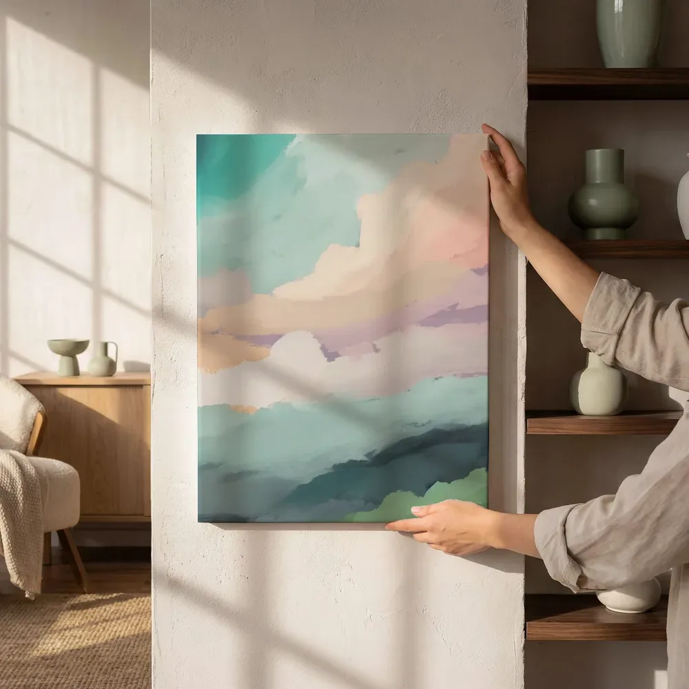 Sfeerimpressie: Pastel wolkenluchten in turquoise en roze naast de kast