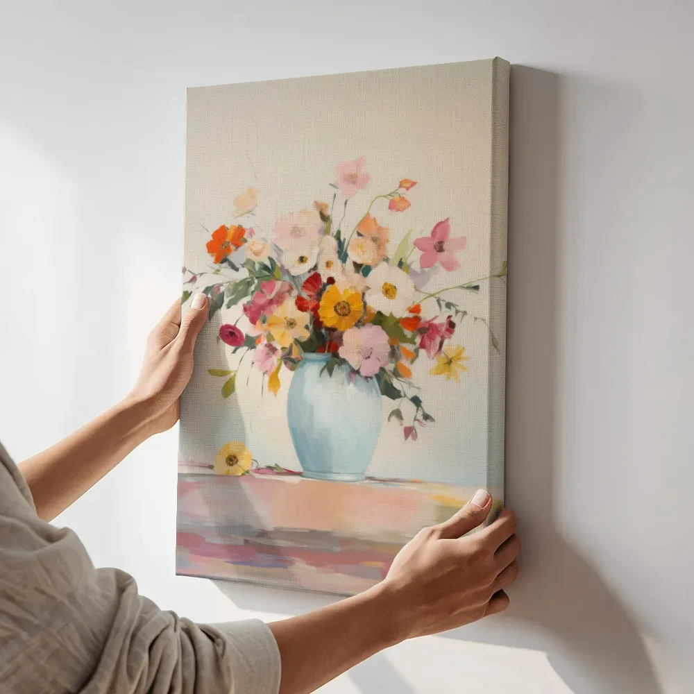 Sfeerimpressie: Pastelboeket in blauw terwijl het aan de muur wordt gehangen