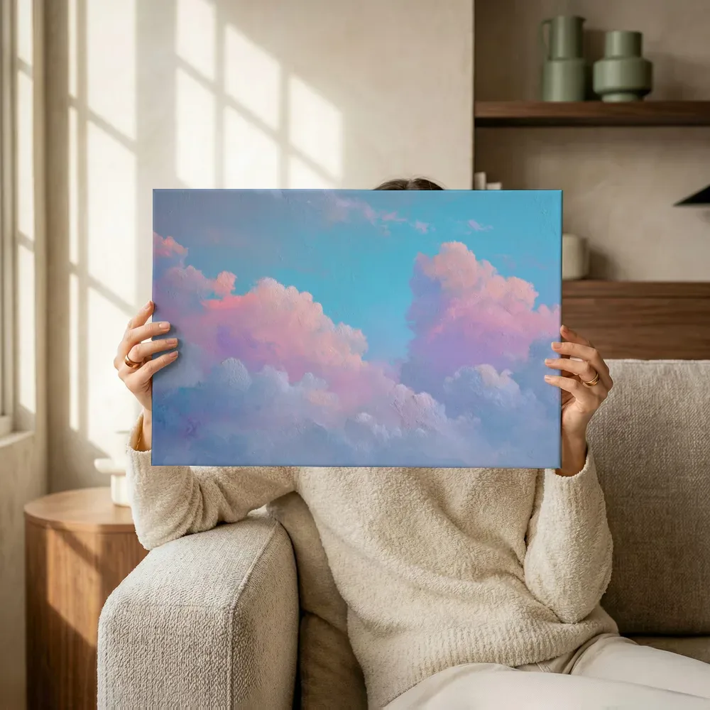 Sfeerimpressie: Pastelkleurige wolkenlucht terwijl het omhoog wordt gehouden