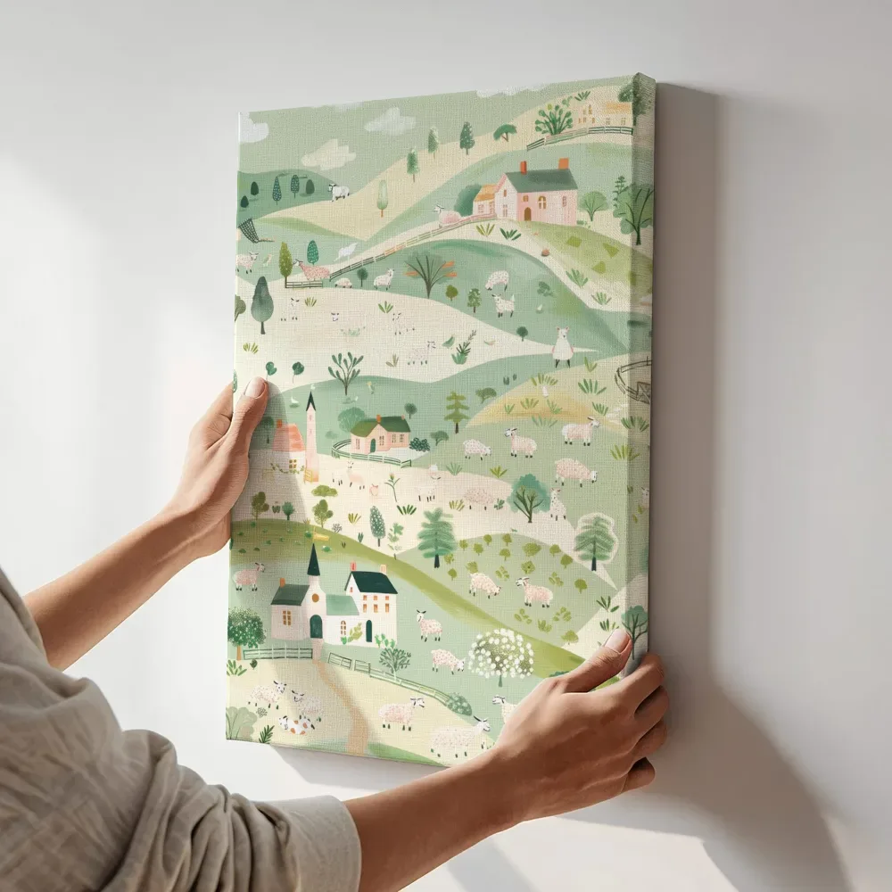 Sfeerimpressie: Pastoraal dorp met schapen terwijl het aan de muur wordt gehangen