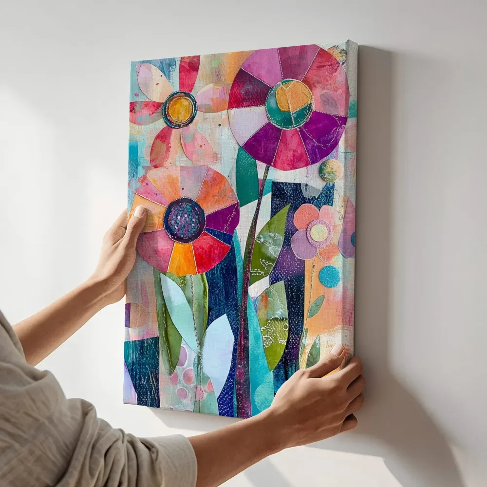 Sfeerimpressie: Patchwork bloemen op stelen naast de kast