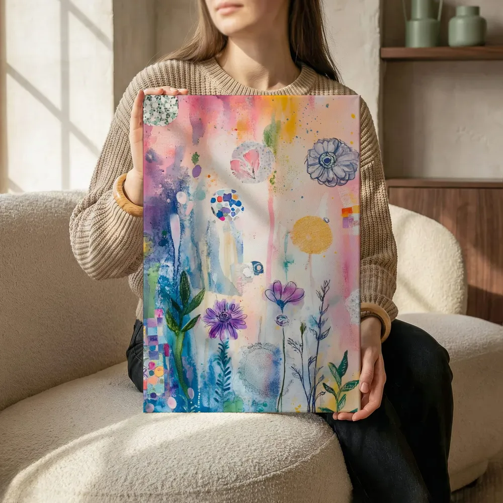 Sfeerimpressie: Patchwork cirkels paarse bloemen terwijl het zittend wordt getoond