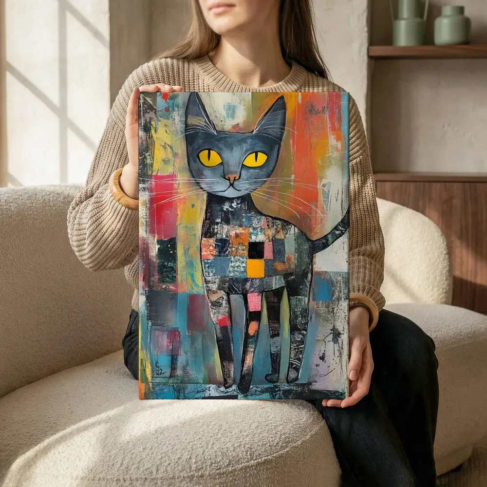 Sfeerimpressie: Patchwork kat schilderij terwijl het zittend wordt getoond