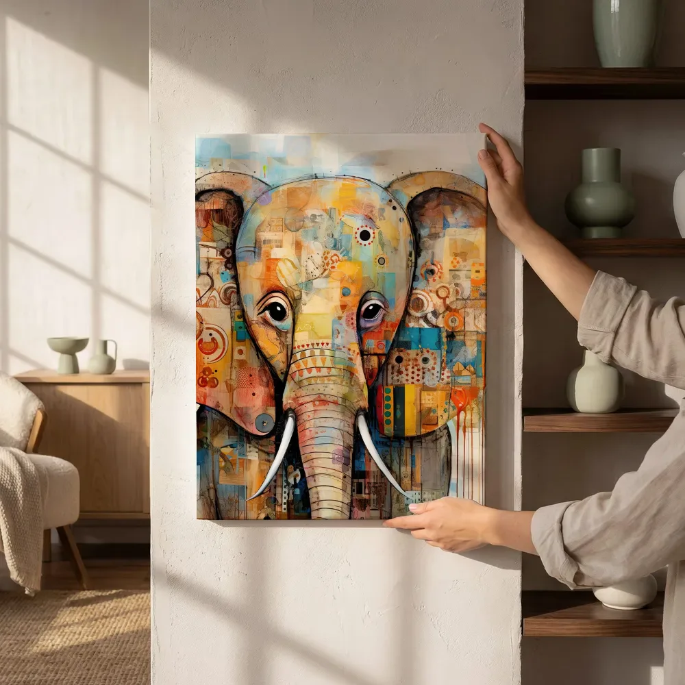 Sfeerimpressie: Patchwork olifant met slagtanden naast de kast