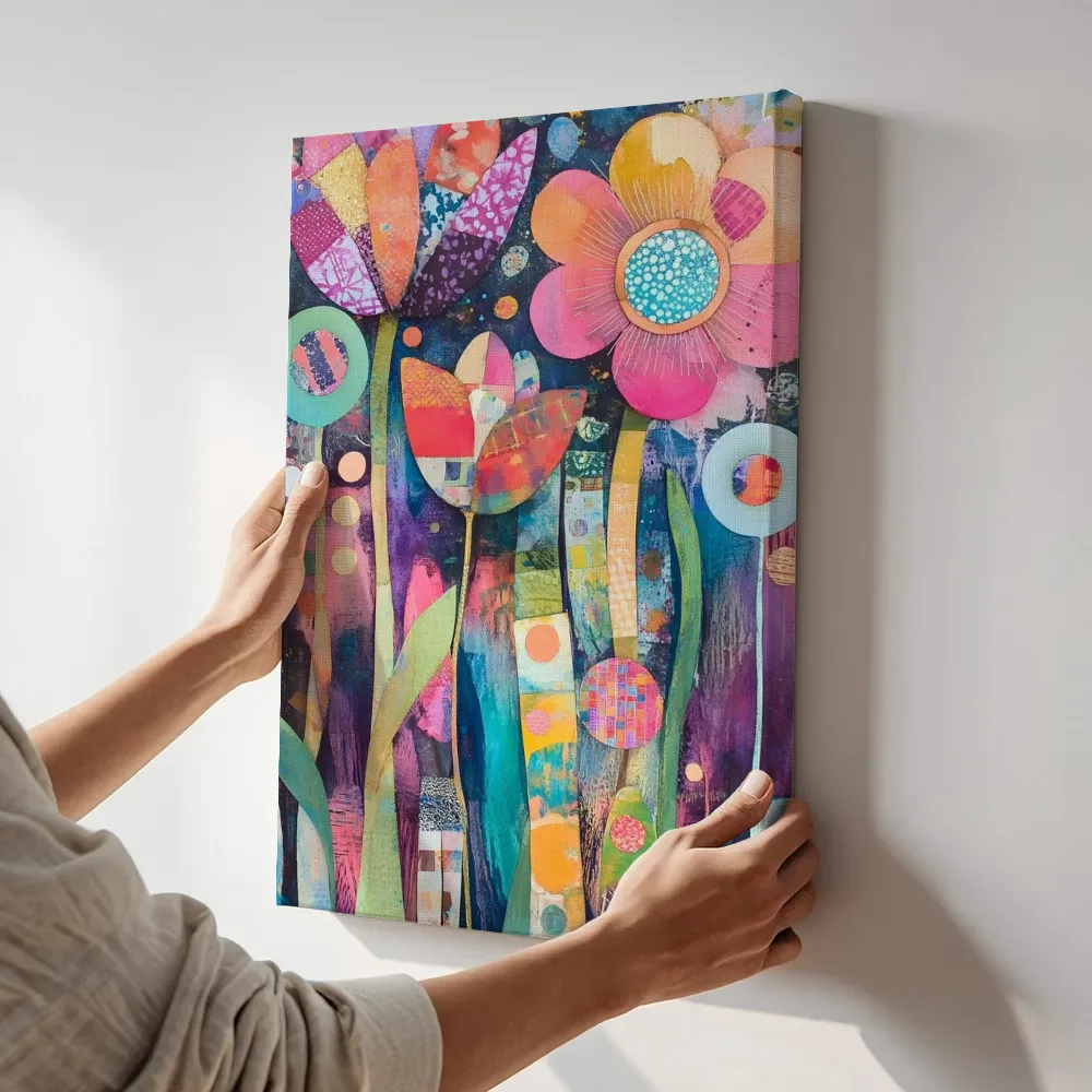 Sfeerimpressie: Patchwork tulp en bloem terwijl het aan de muur wordt gehangen
