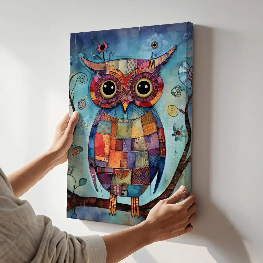 Sfeerimpressie: Patchwork uil op tak terwijl het aan de muur wordt gehangen