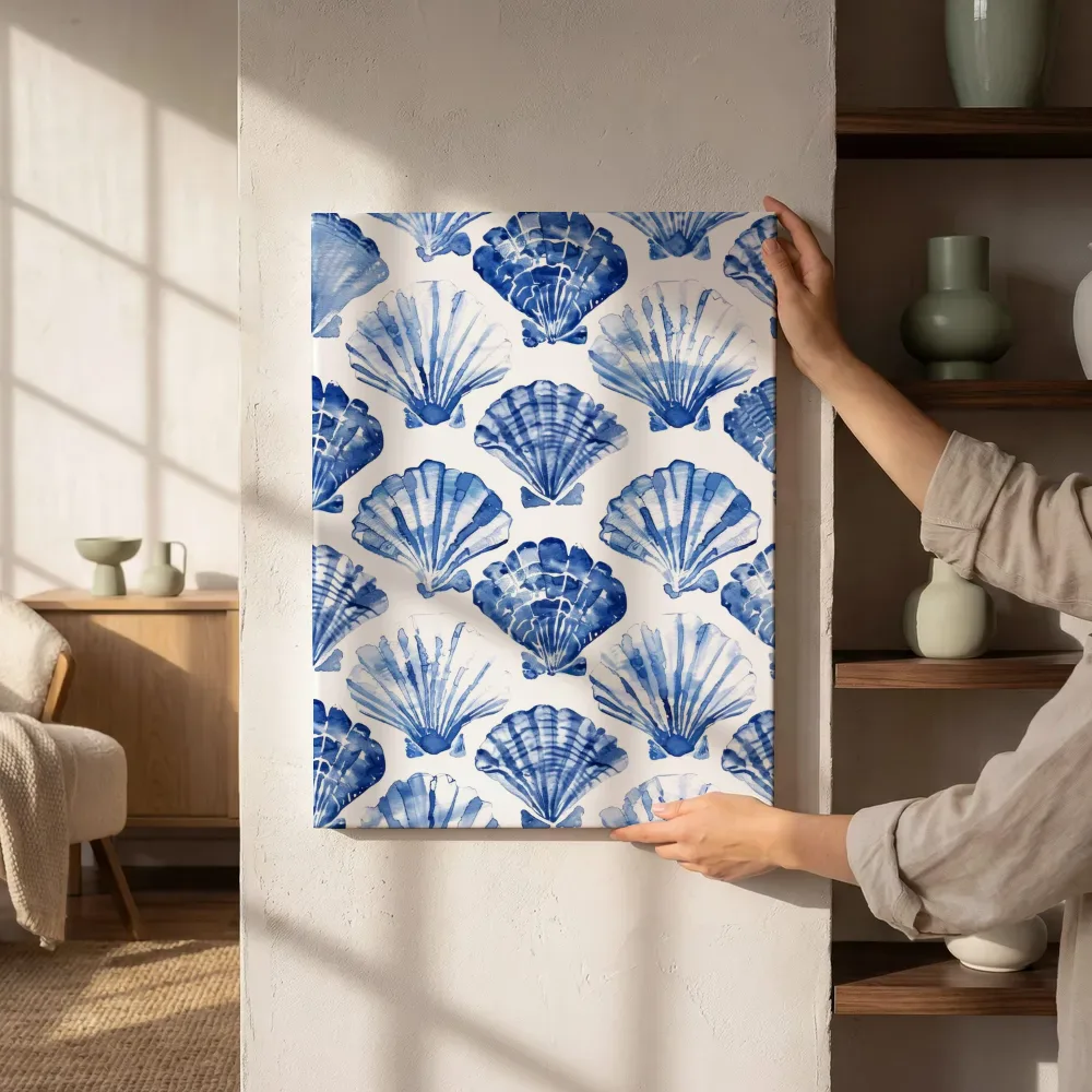 Sfeerimpressie: Schelpenpatroon in blauw naast de kast