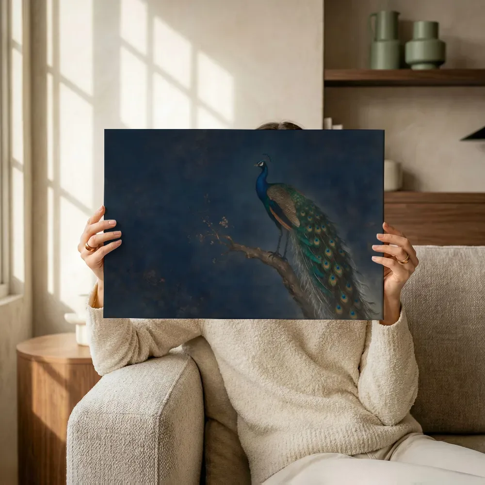 Sfeerimpressie: Pauw in marineblauw en brons terwijl het omhoog wordt gehouden