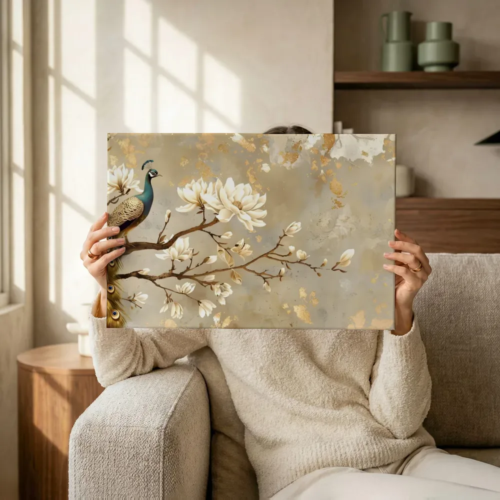 Sfeerimpressie: Pauw tussen magnolia's terwijl het omhoog wordt gehouden