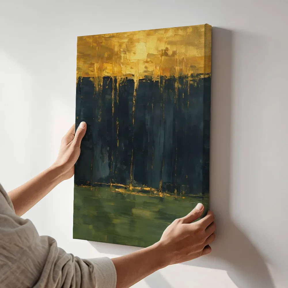 Sfeerimpressie: Paynegrijs en goud als massief blok terwijl het aan de muur wordt gehangen