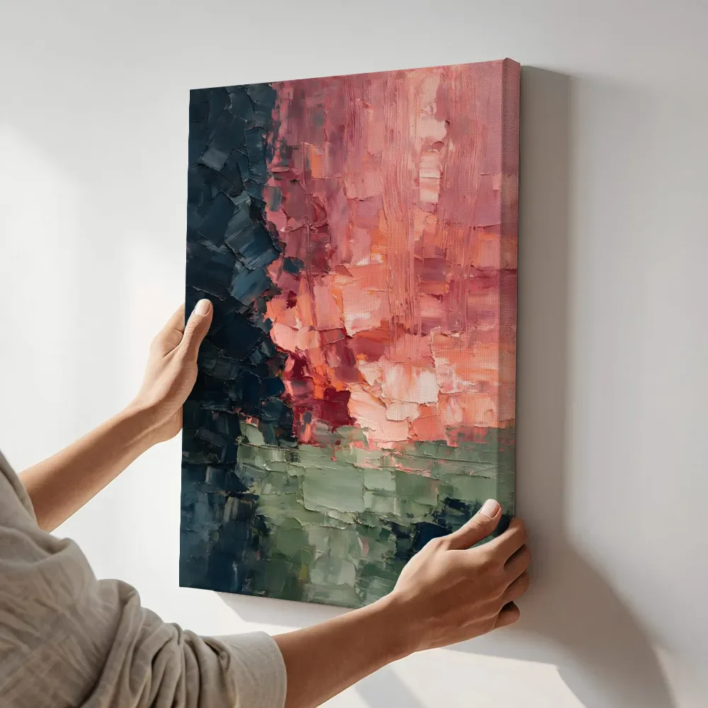 Sfeerimpressie: Paynegrijs en rosé met landtong terwijl het aan de muur wordt gehangen