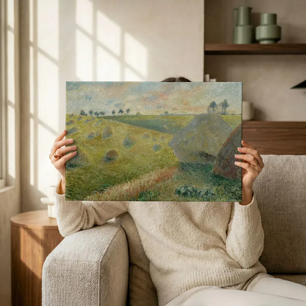 Sfeerimpressie: Landschap met hooimijten, Osny van Camille Pissarro terwijl het omhoog wordt gehouden