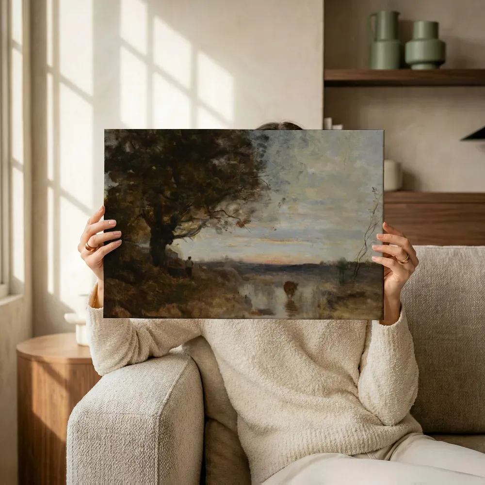 Sfeerimpressie: Paysage composé, effet de soleil levant van Jean-Baptiste-Camille Corot terwijl het omhoog wordt gehouden
