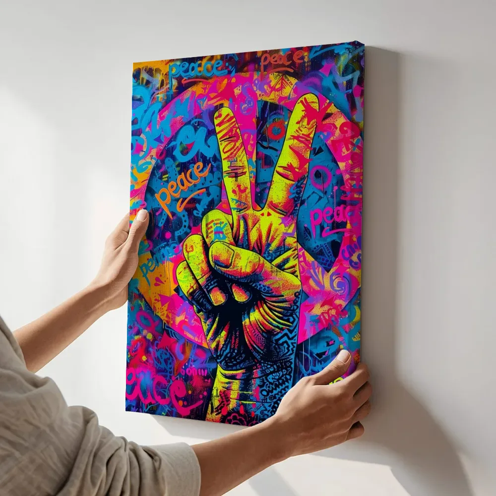 Sfeerimpressie: Peace-teken in graffiti terwijl het aan de muur wordt gehangen