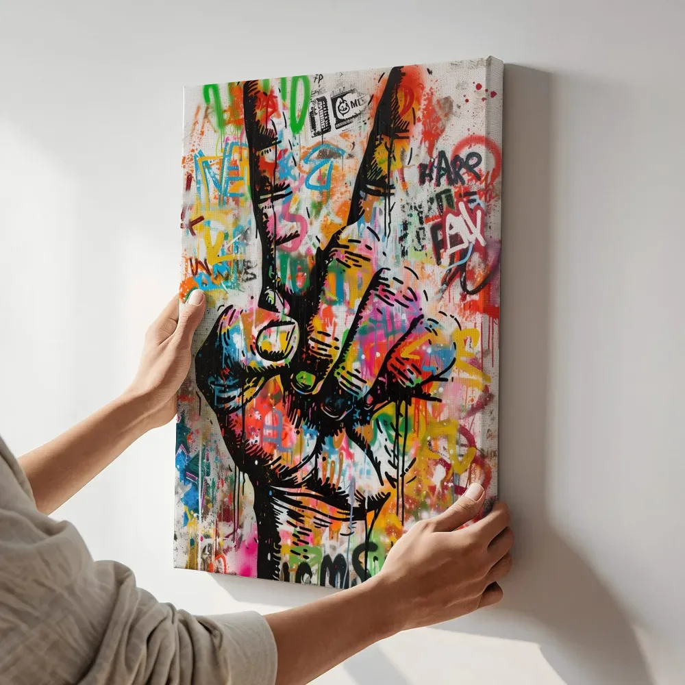 Sfeerimpressie: Peace teken graffiti terwijl het aan de muur wordt gehangen