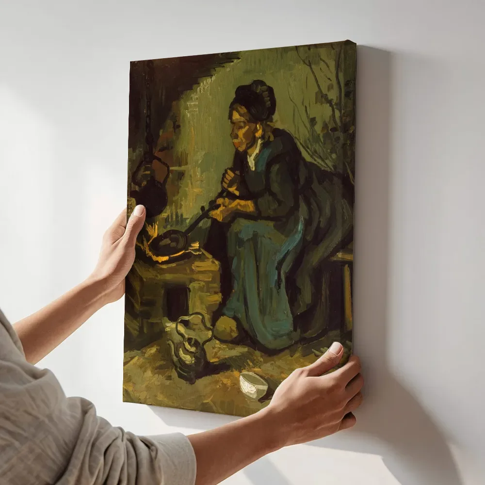 Sfeerimpressie: Boerin kokend bij een haard van Vincent van Gogh terwijl het aan de muur wordt gehangen