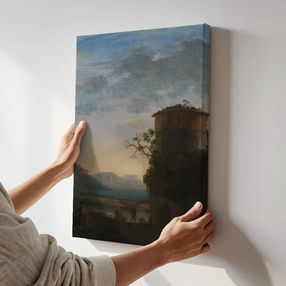Sfeerimpressie: Boeren en vee bij een toren van Jan Asselijn terwijl het aan de muur wordt gehangen