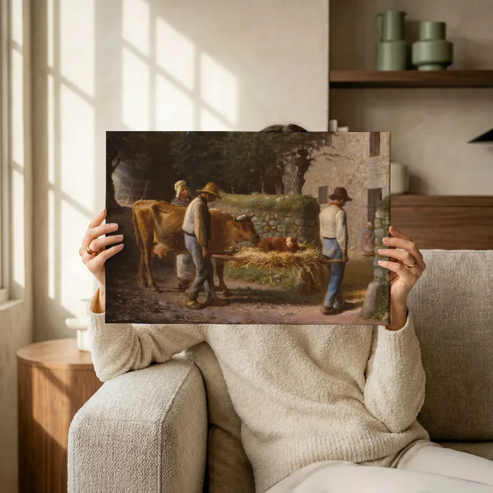 Sfeerimpressie: Boeren die een in het veld geboren kalf naar huis brengen van Jean-Francois Millet terwijl het omhoog wordt gehouden