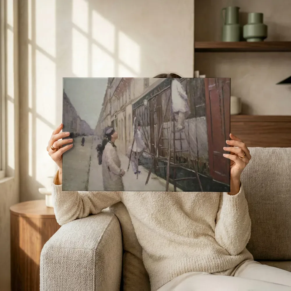 Sfeerimpressie: Peintres en bâtiment van Gustave Caillebotte terwijl het omhoog wordt gehouden