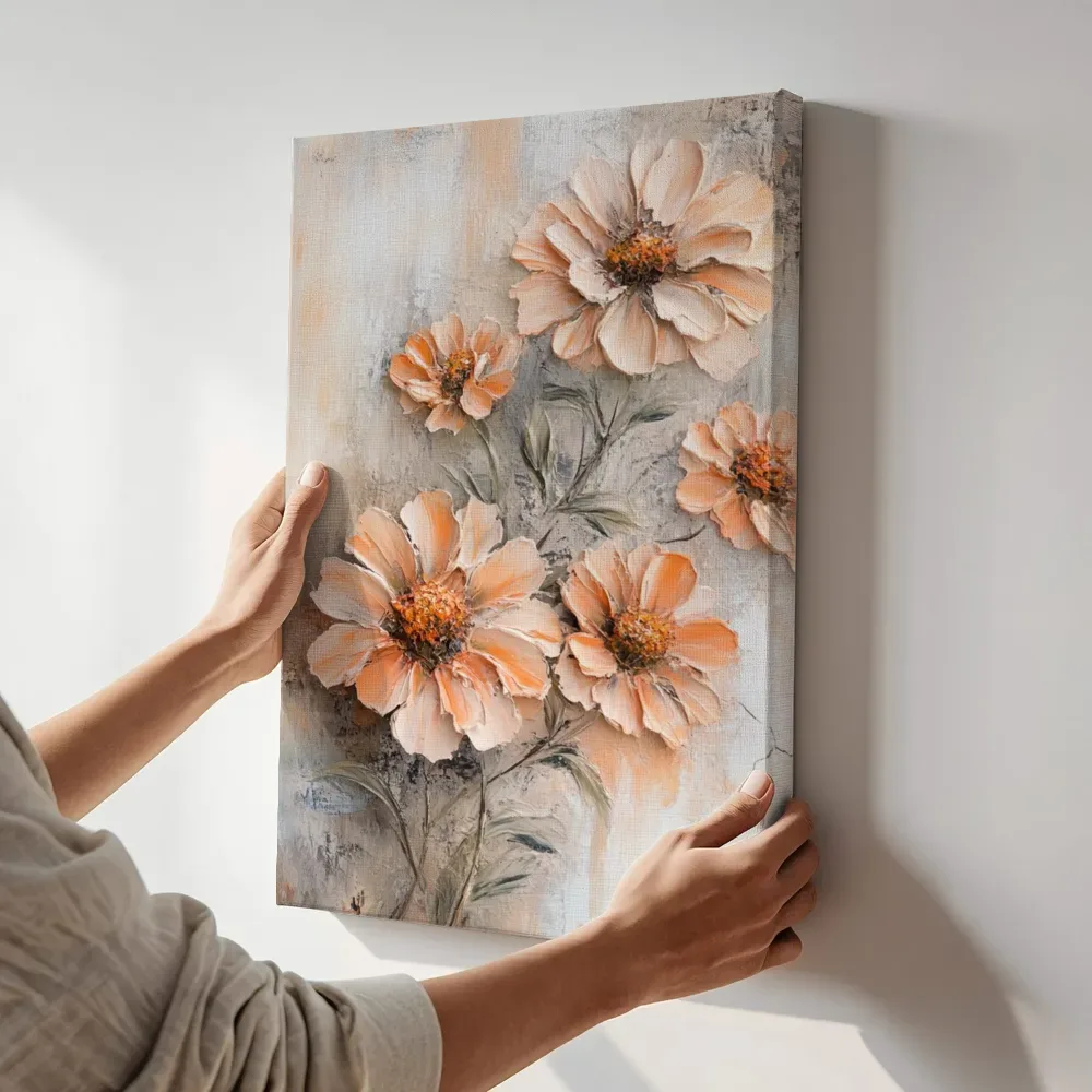 Sfeerimpressie: Perzik cosmos terwijl het aan de muur wordt gehangen