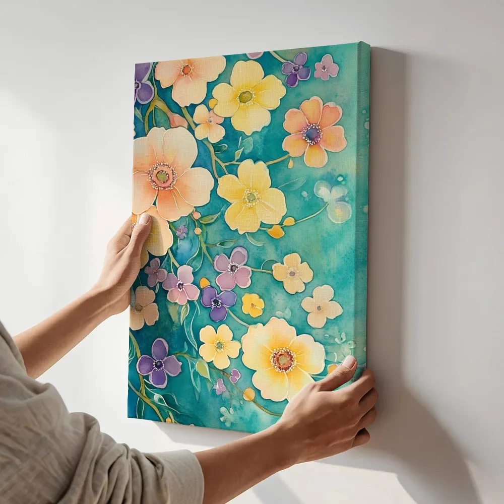 Sfeerimpressie: Perzik viooltjes bloementak terwijl het aan de muur wordt gehangen