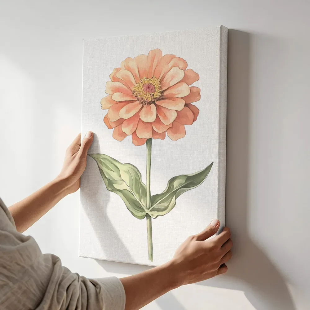 Sfeerimpressie: Perzikkleurige bloem in aquarel terwijl het aan de muur wordt gehangen