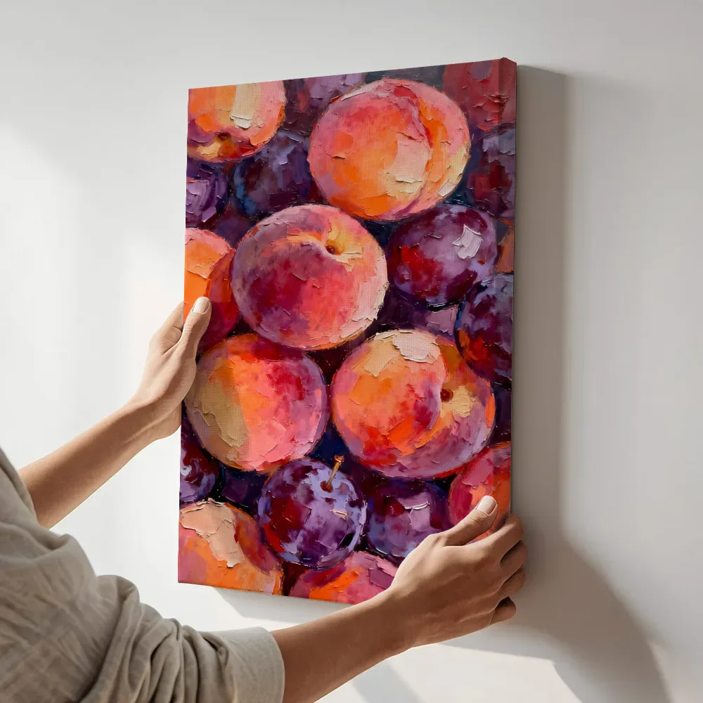 Sfeerimpressie: Perziken en pruimen op tafel terwijl het aan de muur wordt gehangen