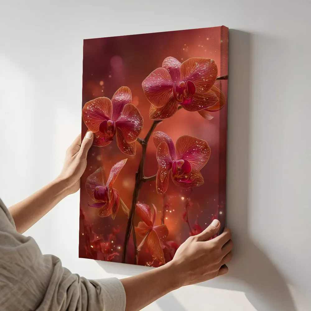Sfeerimpressie: Perzikkleurige orchideeën in bokeh licht terwijl het aan de muur wordt gehangen