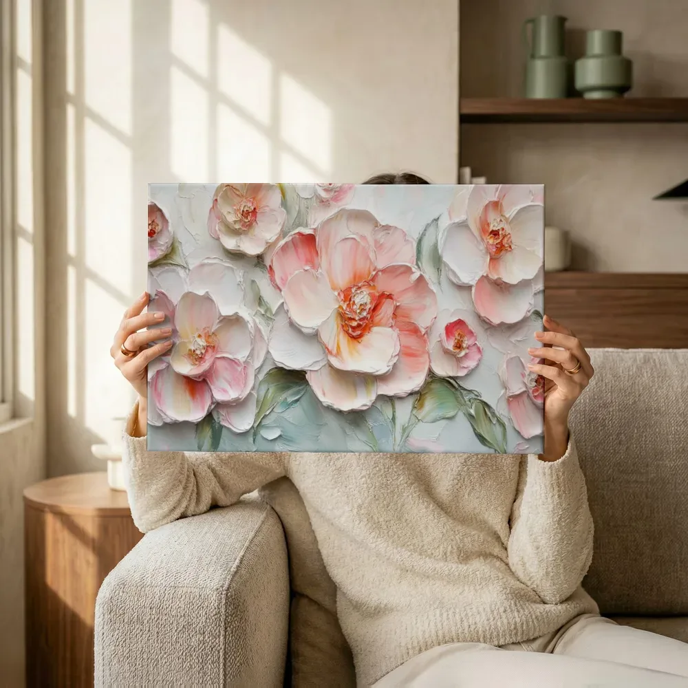 Sfeerimpressie: Perzikroze camelia terwijl het omhoog wordt gehouden