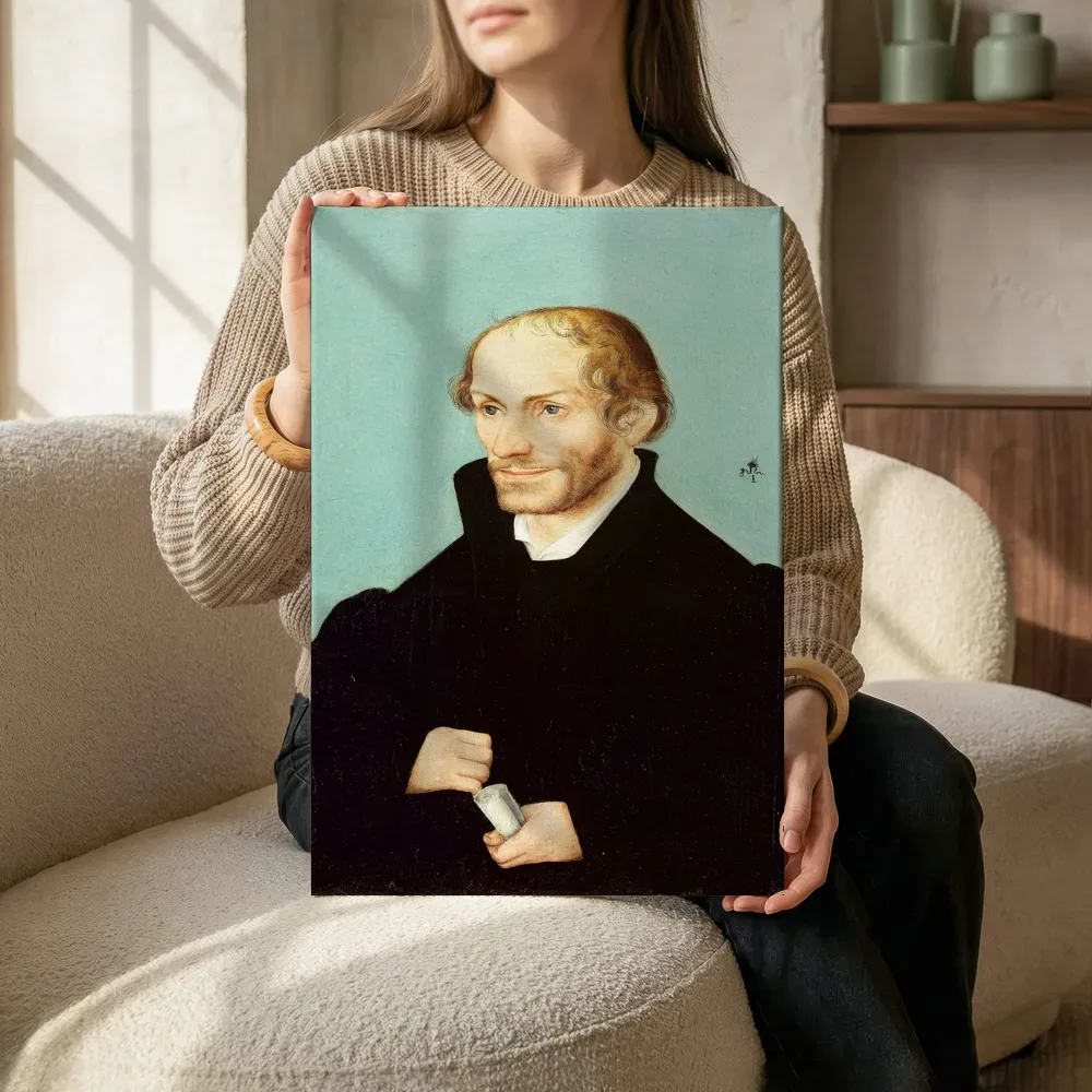 Sfeerimpressie: Philipp Melanchthon, kerkhervormer van Lucas Cranach de Oude en atelier terwijl het zittend wordt getoond
