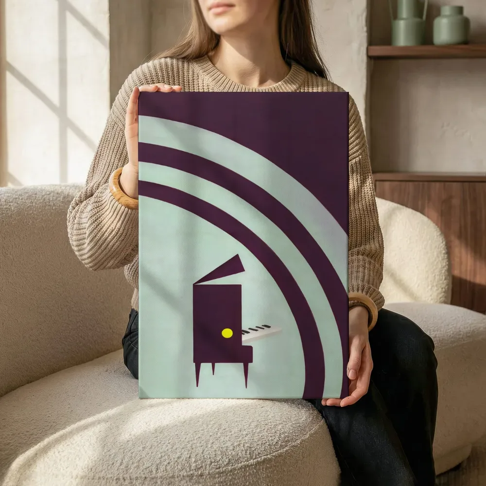 Sfeerimpressie: Piano van opzij in aubergine en mint terwijl het zittend wordt getoond