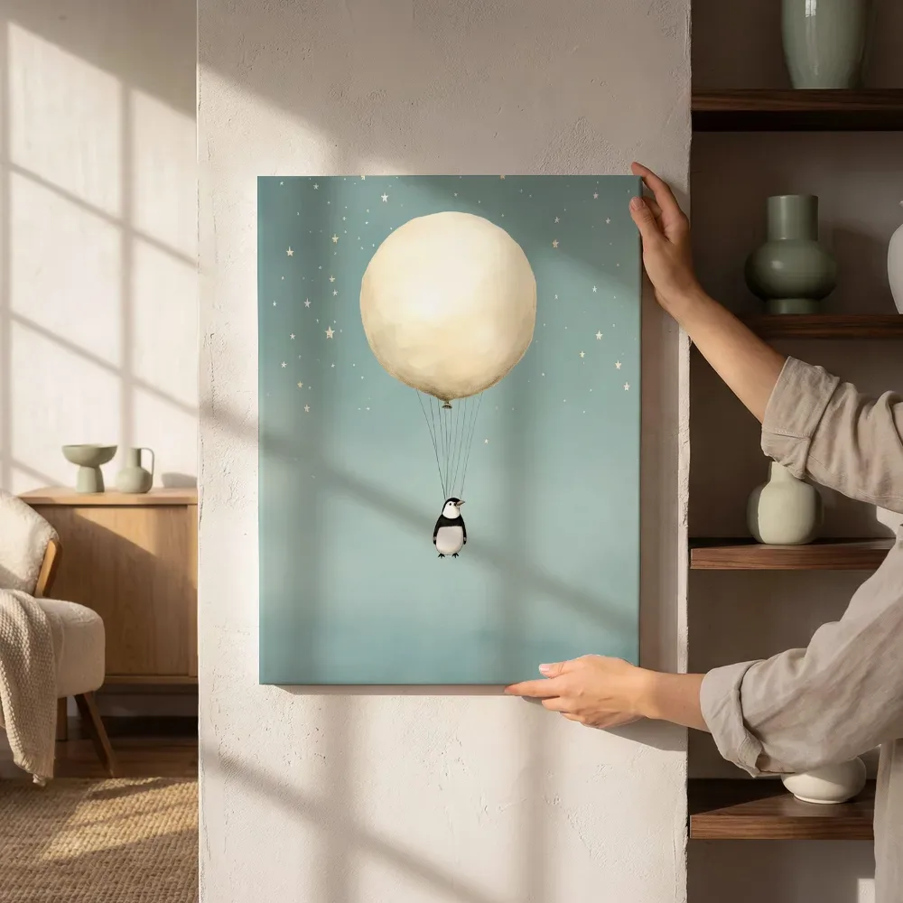 Sfeerimpressie: Pinguïn aan een maanballon naast de kast