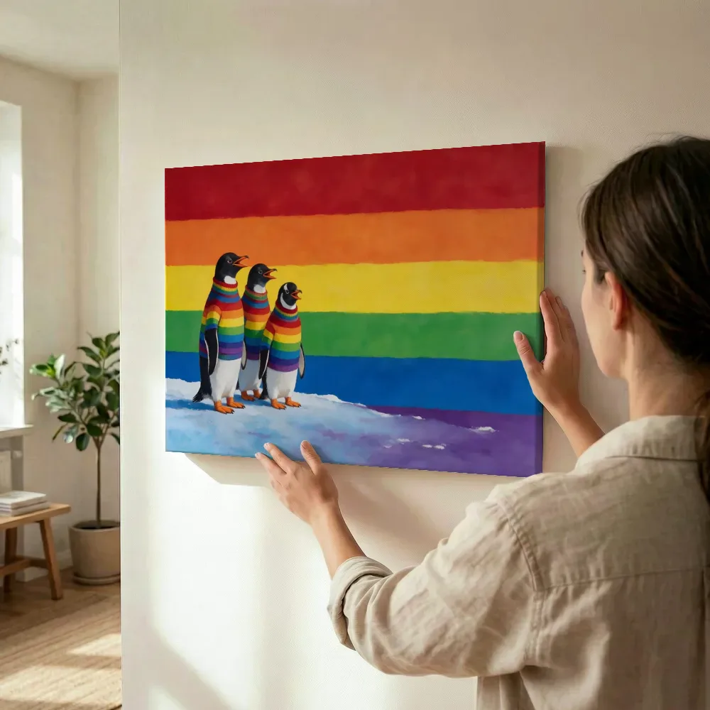 Sfeerimpressie: Pinguïn in alle kleuren van de regenboog terwijl het wordt opgehangen