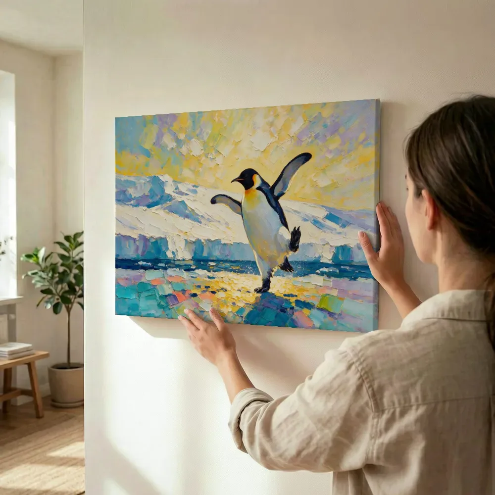 Sfeerimpressie: Pinguïn in beweging in de sneeuw terwijl het wordt opgehangen