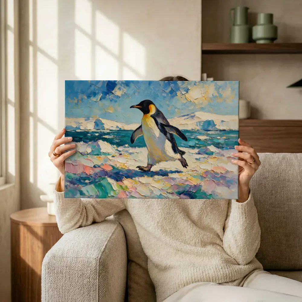 Sfeerimpressie: Pinguïn in diepe beweging in de sneeuw terwijl het omhoog wordt gehouden