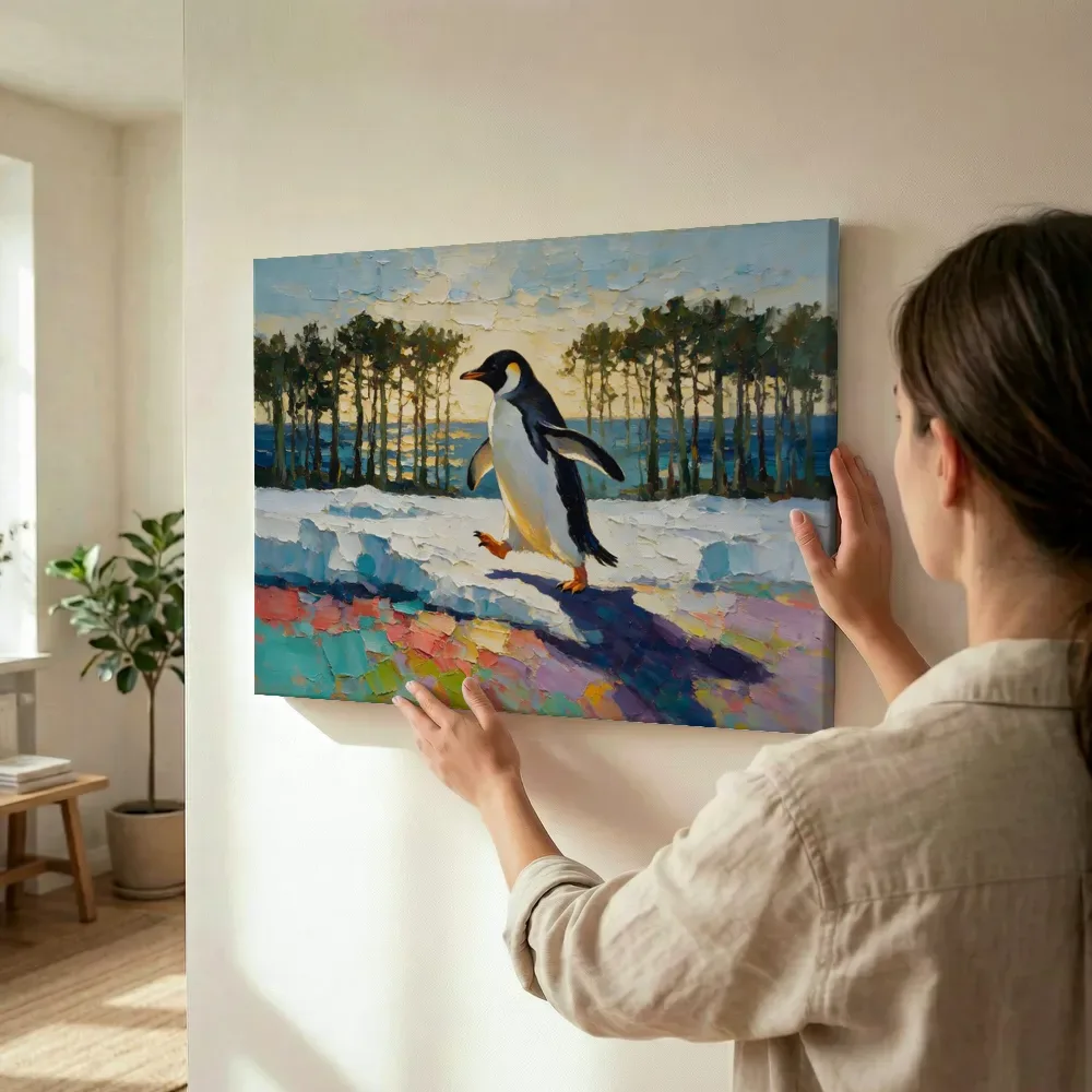 Sfeerimpressie: Pinguïn in diepe beweging tussen de bomen terwijl het wordt opgehangen