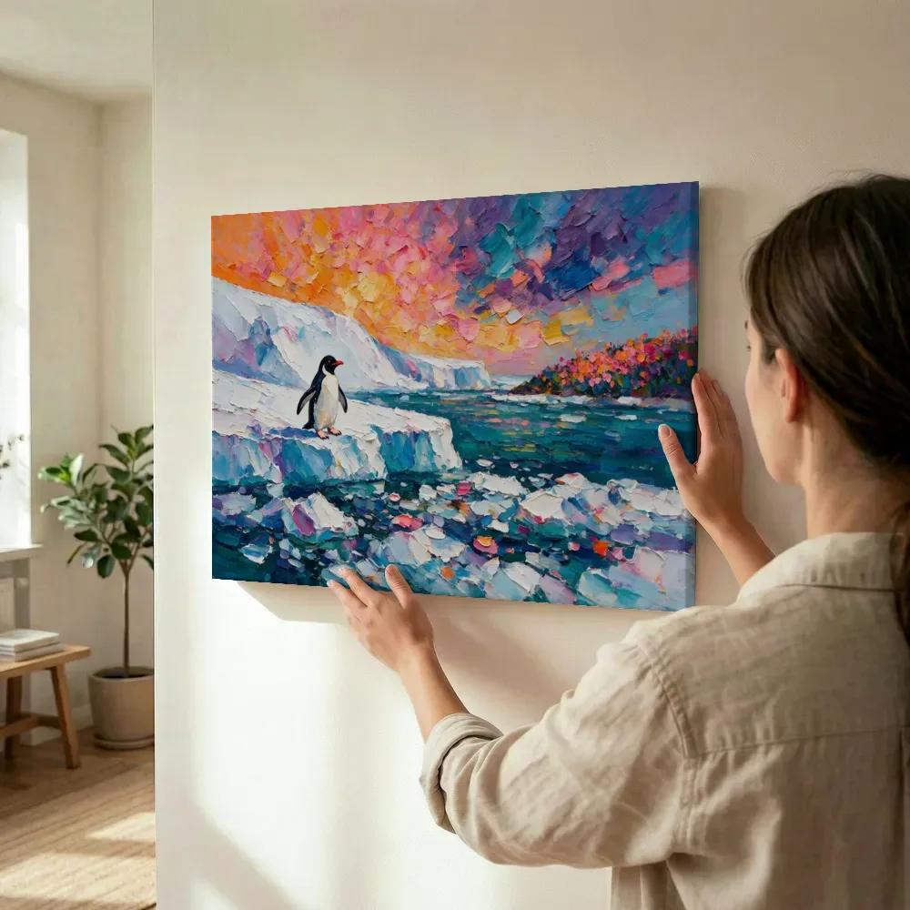 Sfeerimpressie: Pinguïn diep in het landschap in een bloementuin terwijl het omhoog wordt gehouden