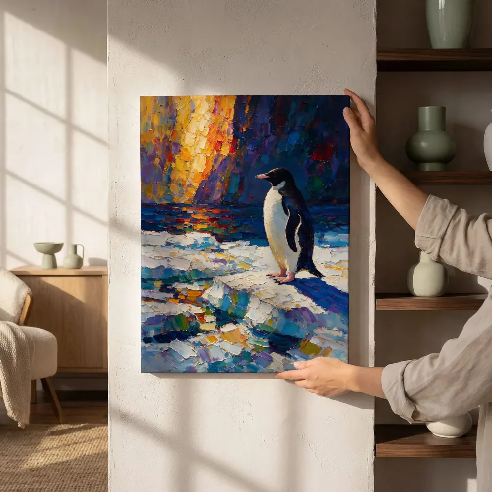 Sfeerimpressie: Pinguïn in diepe pose tegen een muur in de schaduw naast de kast