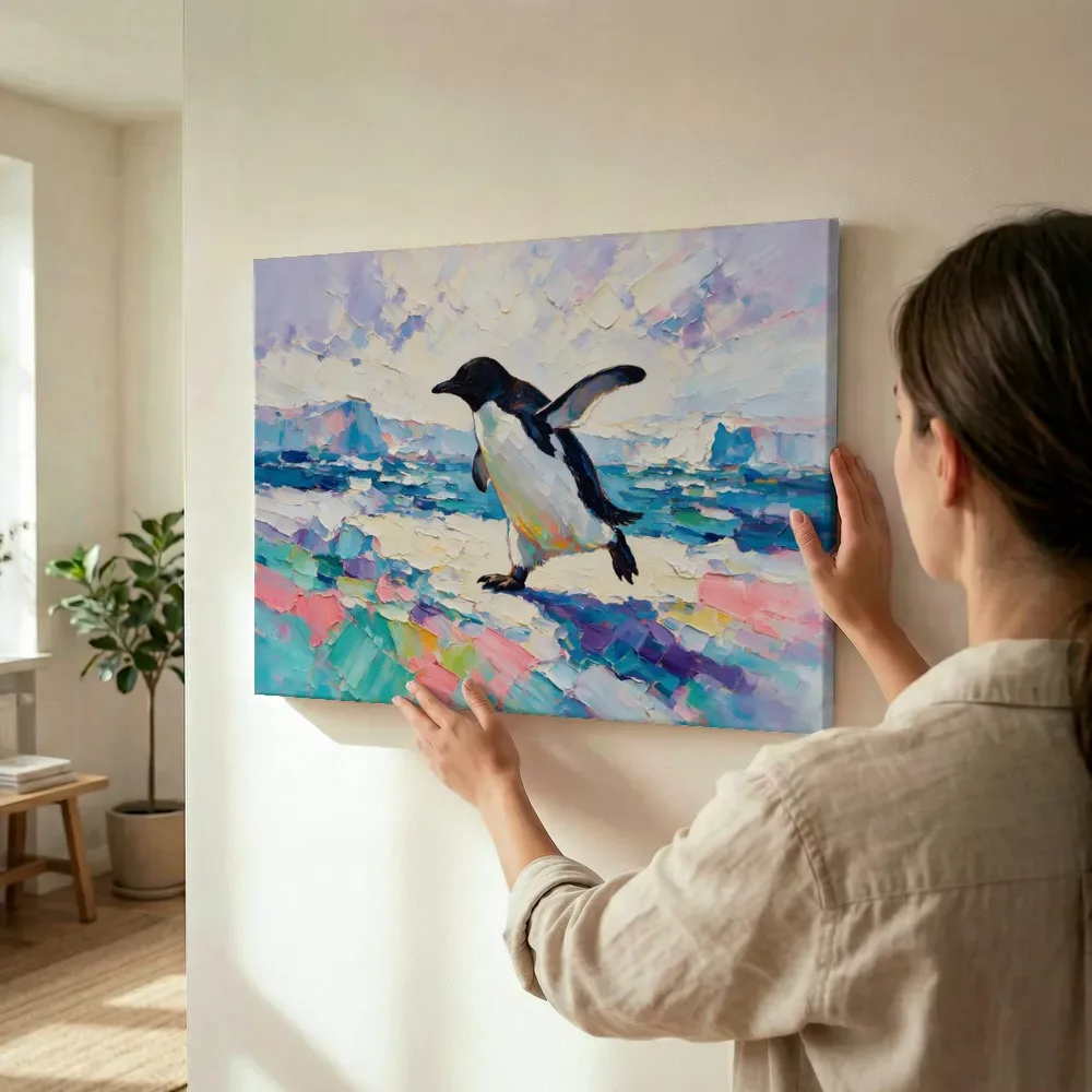 Sfeerimpressie: Pinguïn in donkere beweging in de sneeuw terwijl het wordt opgehangen