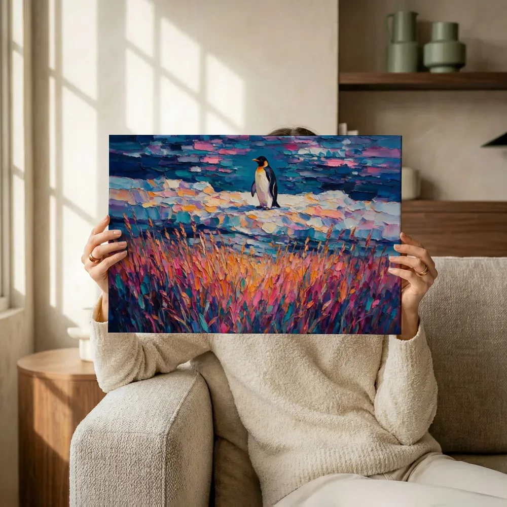 Sfeerimpressie: Pinguïn donker in het landschap tussen de grassen terwijl het omhoog wordt gehouden