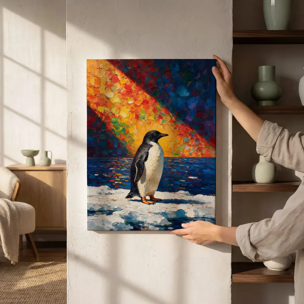 Sfeerimpressie: Pinguïn in donkere pose tegen een muur in de schaduw naast de kast