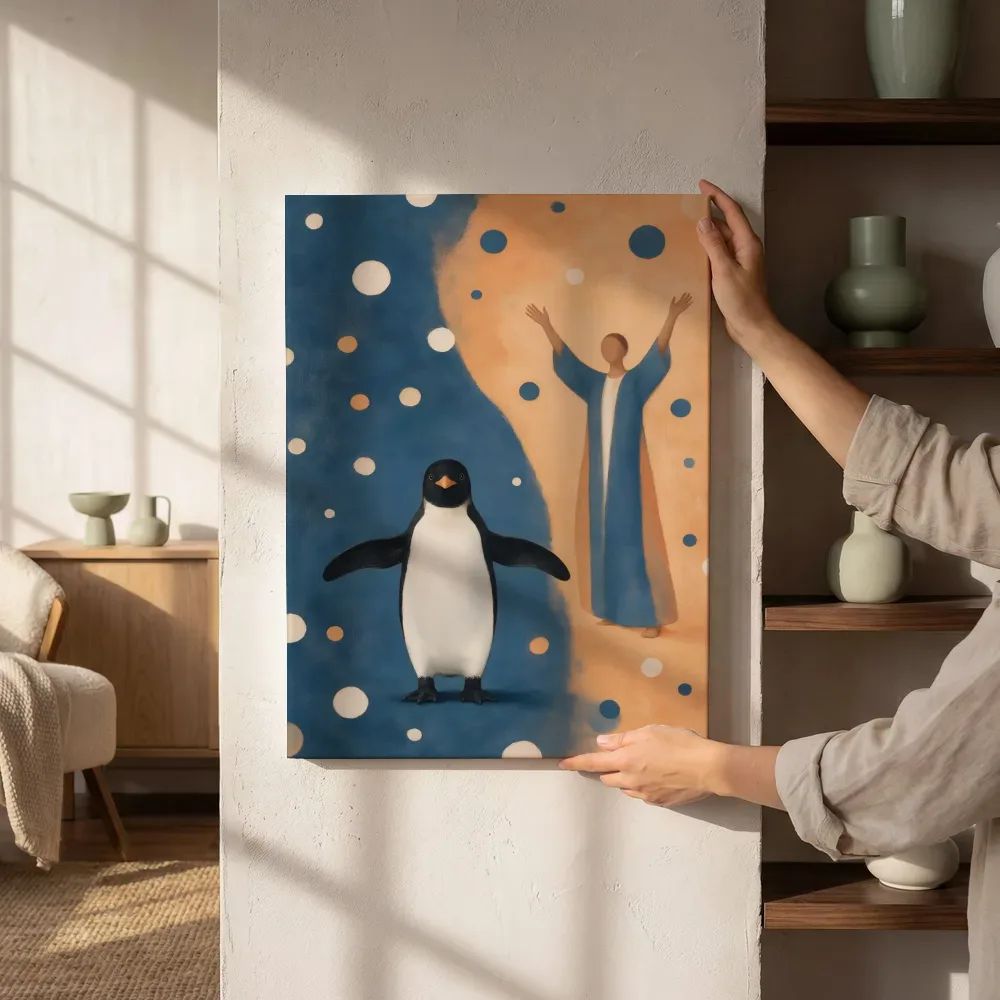 Sfeerimpressie: Pinguïn in grijsblauw en abrikoos naast de kast