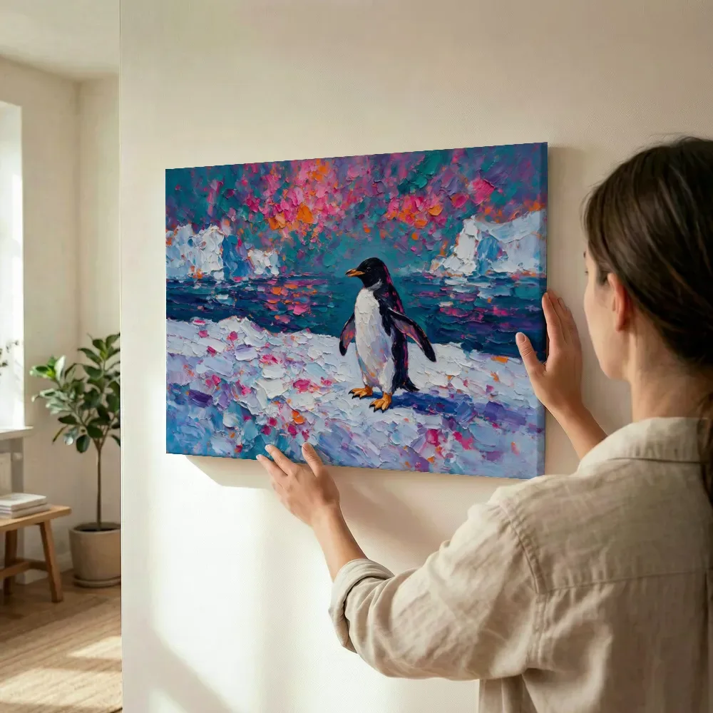Sfeerimpressie: Pinguïn in het landschap in een bloementuin terwijl het wordt opgehangen