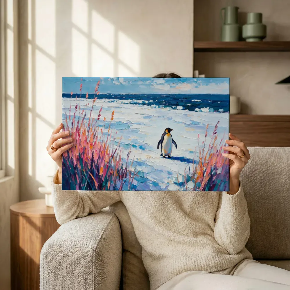 Sfeerimpressie: Pinguïn in het landschap tussen de grassen terwijl het omhoog wordt gehouden
