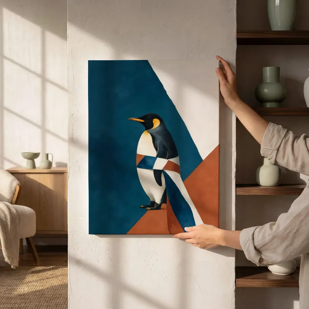 Sfeerimpressie: Pinguïn in kalkwit en zeeblauw naast de kast