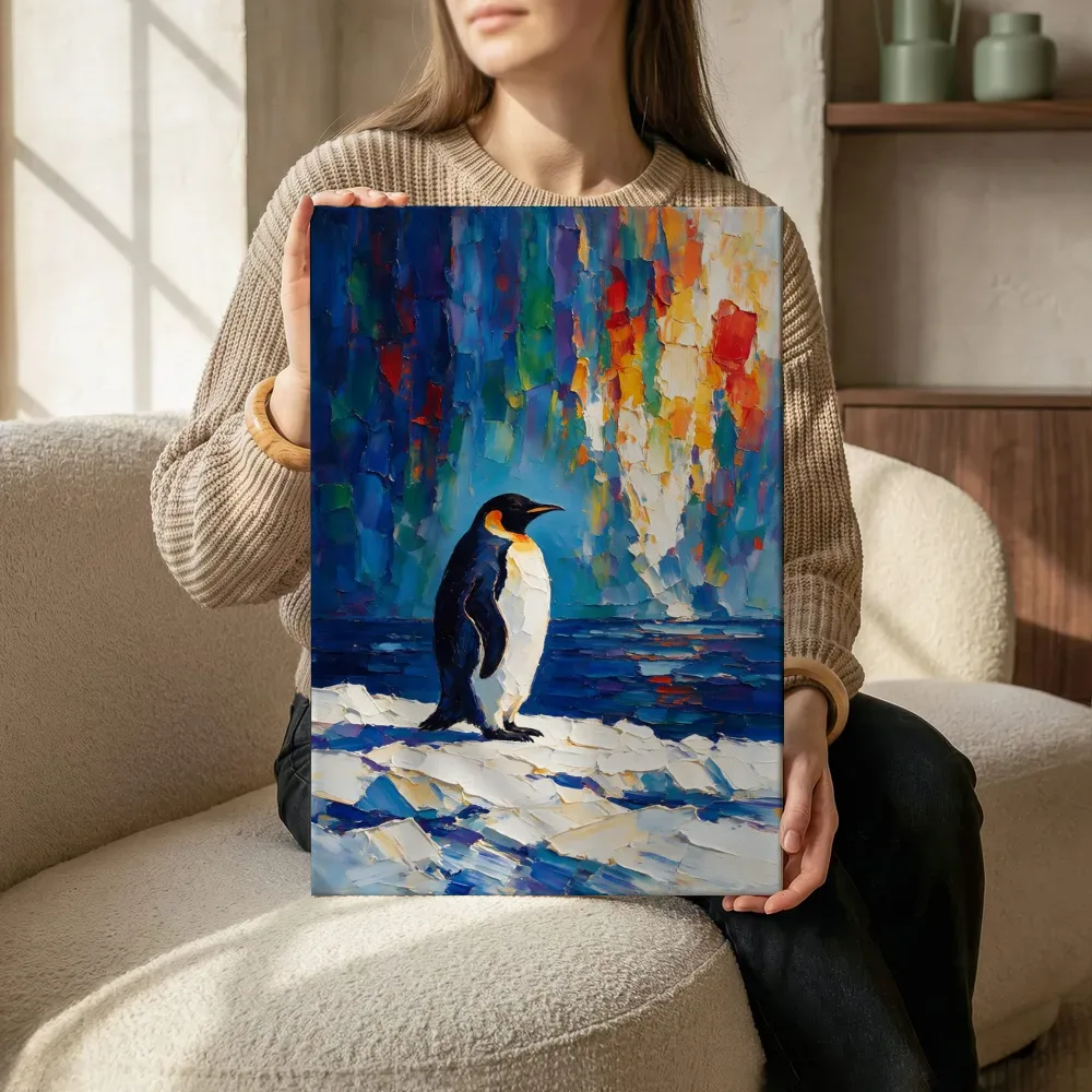 Sfeerimpressie: Pinguïn in pose tegen een muur in de schaduw terwijl het zittend wordt getoond