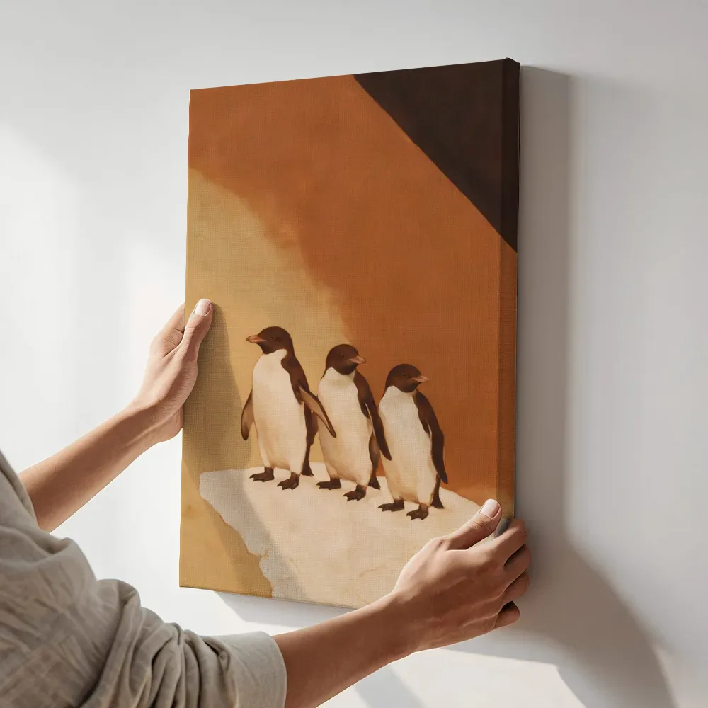Sfeerimpressie: Pinguïn in terracotta en zand terwijl het aan de muur wordt gehangen