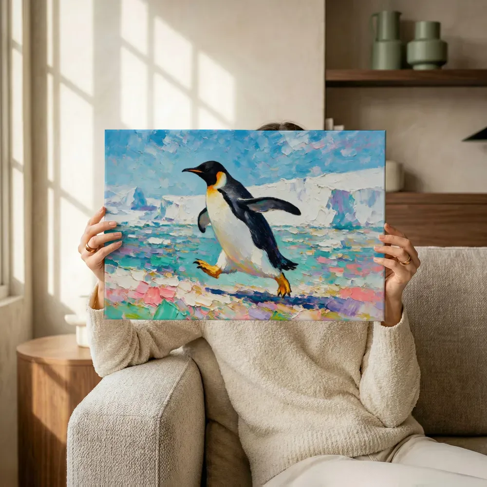 Sfeerimpressie: Pinguïn in warme beweging in de sneeuw terwijl het wordt opgehangen