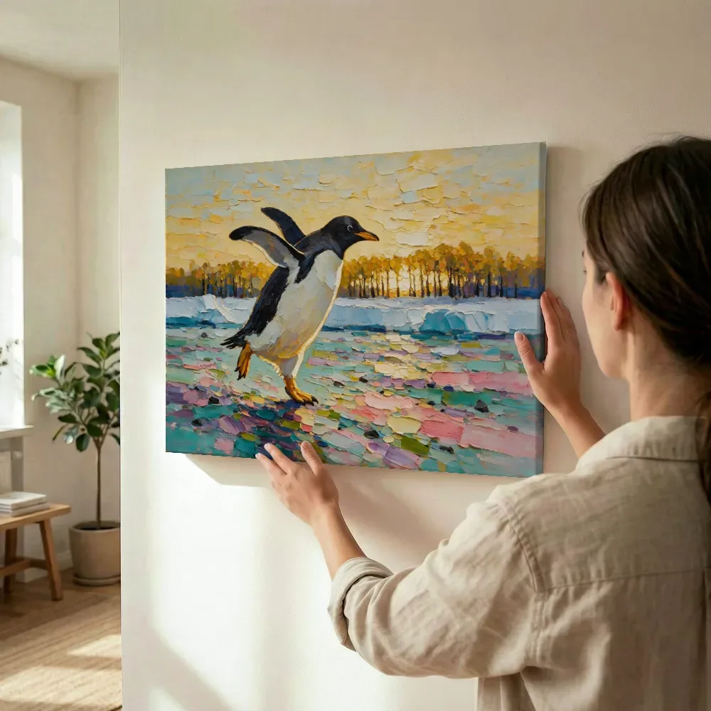 Sfeerimpressie: Pinguïn in warme beweging tussen de bomen terwijl het omhoog wordt gehouden